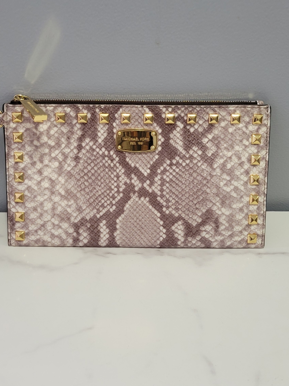 MICHAEL Michael Kors Pink Snake-Print Studded Zip Wristlet